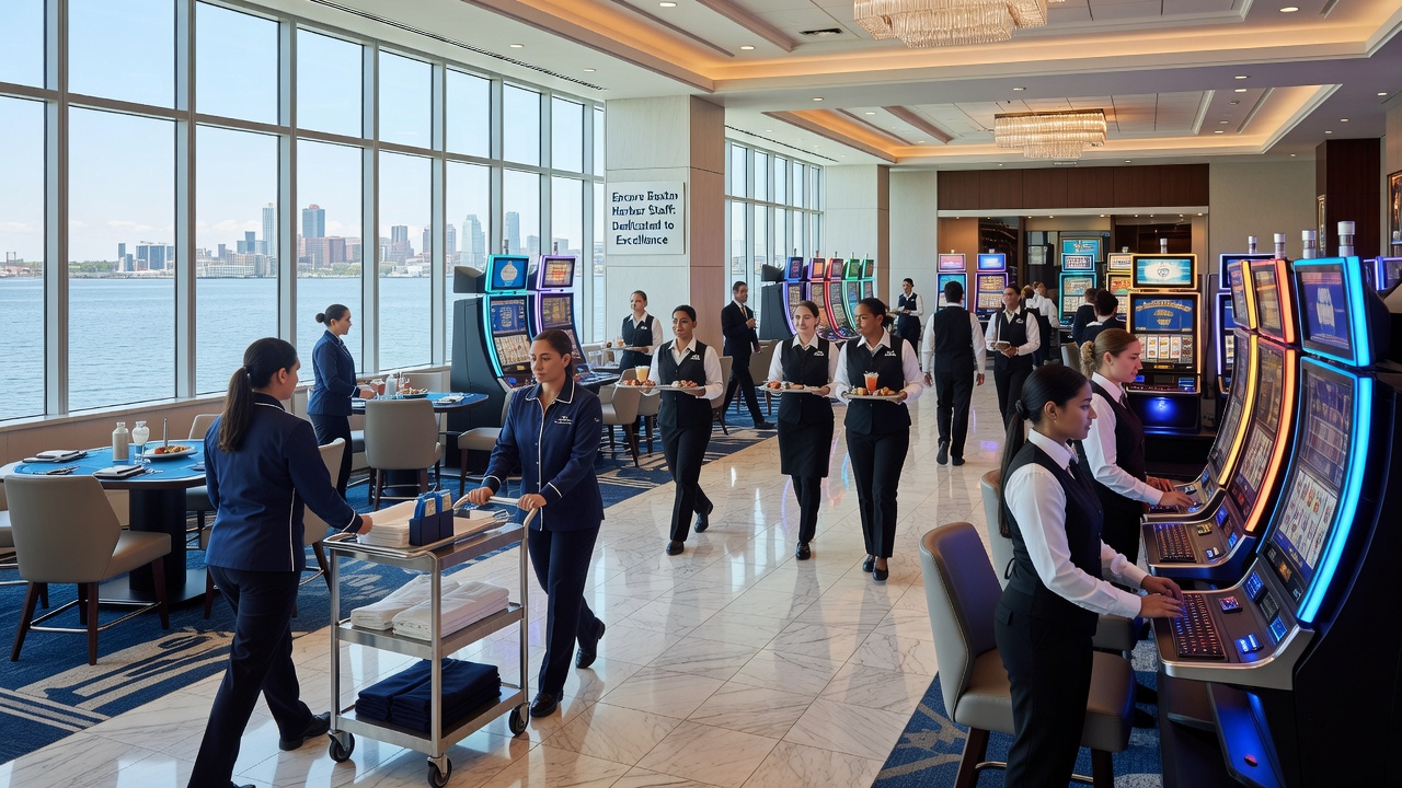 Group of casino service workers including housekeepers and attendants standing together near the property entrance